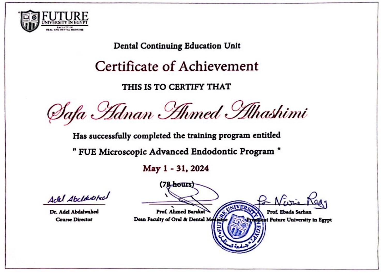 FUE Microscopic Advanced Endodontic Program Certificate of Achievement